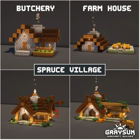 Minecraft Village Structures, Revamped Villages In Mc, Renovated Minecraft Village, Minecraft Village Farmer House, Early Game Minecraft Builds, Village Houses Design, Village Buildings Minecraft, Spruce Village Minecraft Ideas, Taiga Village Revamp