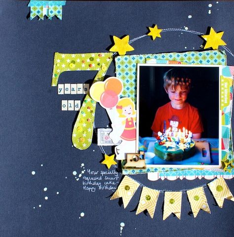 Fruit of my scraps: 7 Years Old.  Love the stitched circle. Birthday Layout, Birthday Scrapbook Layouts, Birthday Scrapbook Pages, Scrap Paper Crafts, Boy Scrapbook Layouts, Page Scrapbooking, Scrapbooking Layouts Baby, Baby Boy Scrapbook, Scrapbook Layout Sketches