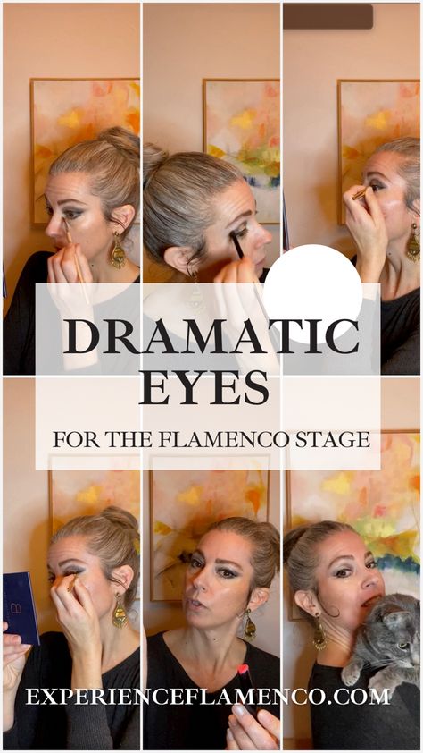 Looking for a fun and dramatic eye look for stage or a fiesta? Read on… Here’s what I used & the steps I took: I used all clean & responsibly sourced Beautycounter* makeup, but you could create a similar look with other products. STEP ONE:  Brighten & Conceal.  I applied concealer below the eyes. STEP TWO:  Brows.  I brushed and filled in my brows with eyebrow pencil then used this clear brow gel to keep things in place. STEP THREE:  Eyeshadow Pt. 1 The star is this Good Glitz Duo eyeshad Flamenco Makeup, Beautycounter Makeup, Clear Brow Gel, Lip Conditioner, How To Apply Concealer, Flamenco Dancers, Dramatic Eyes, How To Apply Foundation, Eye Look