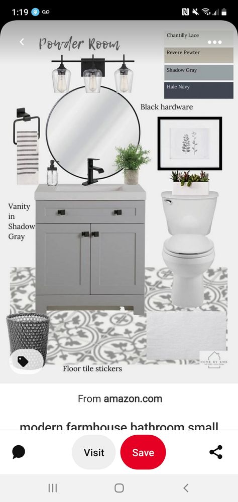 Vanity With Black Hardware, Small Grey Bathrooms, Grey Vanity, Vanity Black, Grey Floor Tiles, Grey Bathroom Vanity, Gray Vanity, Grey Bathroom, Modern Farmhouse Bathroom