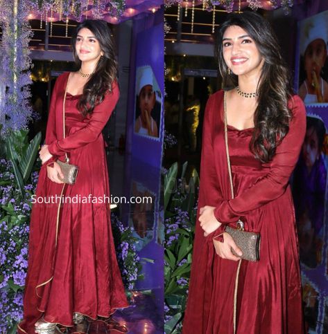 Sreeleela Stuns in a Simple Maroon Anarkali Suit at Dil Raju's Son's Birthday Bash! – South India Fashion Celebrities In Anarkali, Satin Anarkali Suits, Maroon Anarkali Dress, Satin Anarkali, Kurti Outfit, Maroon Anarkali, Son's Birthday, Silk Anarkali Suits, Elegant Wear