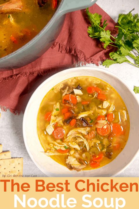 This easy chicken noodle soup has the most flavorful base and utilizes a rotisserie chicken making it quick to put together. This chicken noodle soup is a comforting hug in a bowl #soup #chickennoodlesoup #chickensoup #souprecipe #rotisseriechicken #vegetables #comfortingsoup #soupseason Comforting Chicken Noodle Soup, Healthy Fried Chicken, Big Family Meals, Chicken Noodle Soup Easy, Quick Soup, Homemade Chicken Noodle, Hearty Beef Stew, Chicken Appetizers, Dutch Oven Recipes