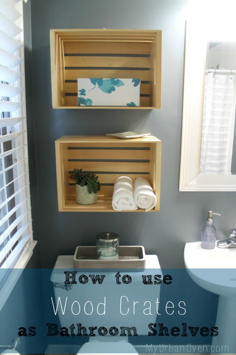 Crate Shelves Bathroom, Crates On Wall, Wood Crate Shelves, Wooden Crate Shelves, Crate Shelves Diy, Crate Bookshelf, Shelves Bathroom, Crate Diy, Crate Shelves