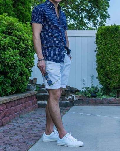 Wearing sneakers with shorts is the style move to make in the warmer  spring and especially summer months.  If you want to put that short sleeve button down shirt or knit polo to  work, these spring/summer staples are right at home with white sneakers  and shorts cut several inches above the knee. //   How to Wear White Sneakers 5 Stylish Ways (Fashion Lookbook) | GENTLEMAN WITHIN #sneakers #sneakersformen #whitesneakers #lookbook #mensfashion  #mensstyle #athleisure White Sneakers Outfit Men, White Shoes Outfit Men, White Sneakers Outfit Summer, How To Wear White Sneakers, Shoes With Shorts, University Outfit Ideas, White Shoes Outfit, White Shorts Outfit, Best White Sneakers