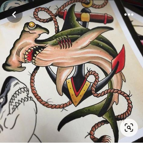 Traditional Nautical Tattoo, Traditional Shark Tattoo, Hammerhead Shark Tattoo, Traditional Tattoo Designs, Tattoo Time, Garden Tattoo, Sailor Jerry Tattoos, Traditional Style Tattoo, Sea Tattoo