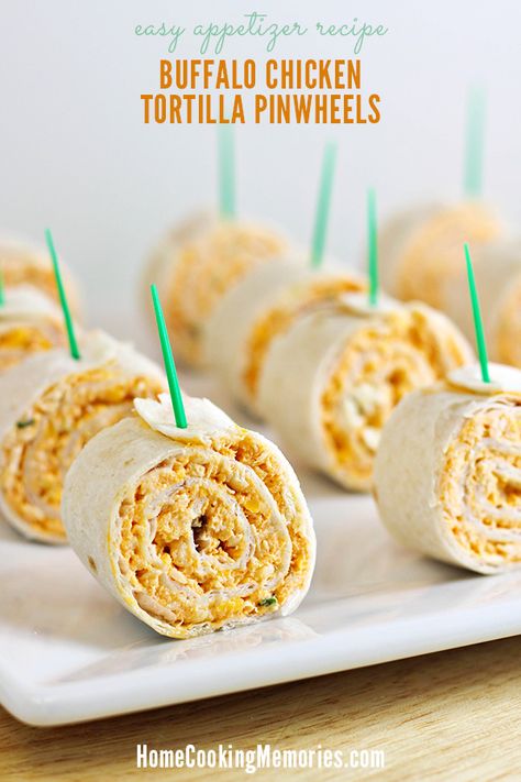 Need an easy party food for game day? Buffalo Chicken Tortilla Pinwheels are a MUST! This easy appetizer recipe has shredded chicken, plenty of cheese & wing sauce all rolled up in tortilla. All the flavors of buffalo chicken wings, without the mess! Chicken Tortilla Pinwheels, Buffalo Chicken Tortilla, Tortilla Pinwheels, Pin Wheels, Pinwheel Recipes, Chicken Tortilla, Snacks Für Party, Finger Food Appetizers, Party Food Appetizers