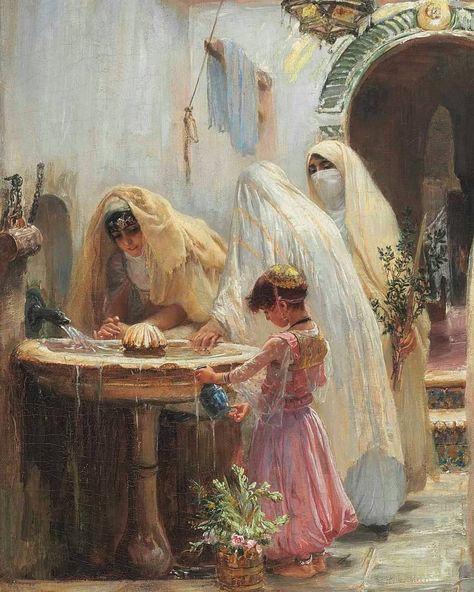 ساء قرب النافورة Femmes à la fontaine Frédérick Arthur Bridgman, Peintre Américain (1847_1928) #algerie #algeria #alger #peinturedalgerie Greek Paintings, Walter Crane, Arabian Art, Ancient Paintings, Rennaissance Art, Historical Painting, Islamic Artwork, Eastern Art, Islamic Paintings