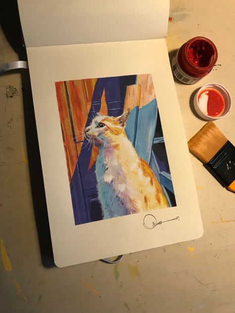 Gauche Cat Painting, Gouache Dog Painting, Cat Painting Gouache, Gouache Painting People, Cat Gouache Painting, Gouache Art Inspiration, Cat Gouache, Nostalgia Art, Illustration Cat