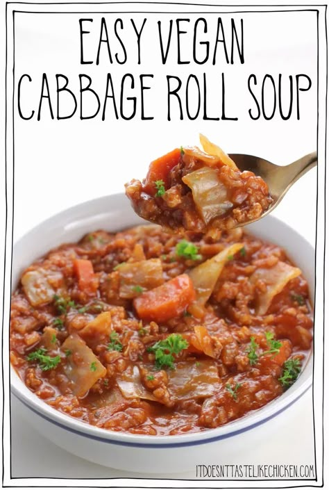 This Easy Vegan Cabbage Roll Soup tastes just like cabbage rolls, but it is so much easier to make! Very hearty and filling and made with easy-to-find and inexpensive ingredients including cabbage, tofu, rice, and canned tomatoes. If you love cabbage rolls, but don't like all the work, this unstuffed cabbage roll soup is for you! #itdoesnttastelikechicken #veganrecipes #soup Cabbage And Rice Soup, Garlic Soup Vegan, Cabbage Tofu, Slavic Food, Soups Vegan, Unstuffed Cabbage Roll Soup, Vegan Cabbage Rolls, Vegan Cabbage, Vegan Bowl Recipes