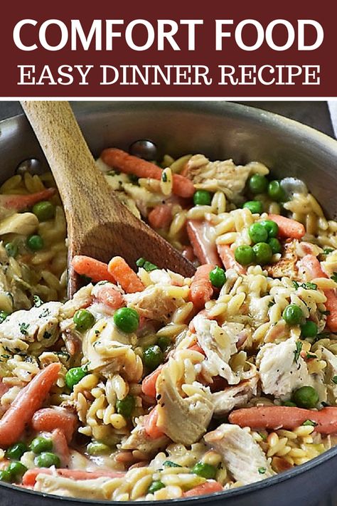 Southern comfort food meets orzo pasta and everyone falls in love with the pairing! Chicken Pot Pie Orzo is all the comfort food goodness of chicken pot pie mixed with short cut orzo pasta that resembles rice, but has better taste and consistency. An easy recipe perfect any night of the week. This one will become a family favorite! Make it tonight!! #LTGrecipes #OrzoPastaRecipe #ChickenRecipe #ChickenPotPie #ComfortFood Orzo Pasta Recipes, Southern Comfort Food, Comfort Food Southern, Orzo Pasta, Easy Comfort Food, Best Comfort Food, Best Chicken Recipes, Southern Comfort, Easy Pasta Recipes