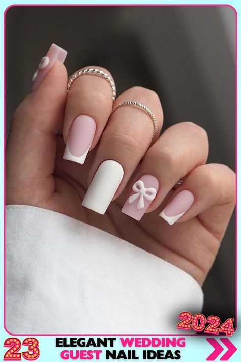 Matte pastel pink and white bow square nails, medium length, using acrylic material. These wedding guest nails are perfect for a soft, elegant appearance at any special occasion. Square Nails Medium Length, Wedding Guest Nail, Wedding Guest Nails, Nails Medium Length, Floating Lights, Floating Flowers, Purple Diamond, Flower Soft, Gold Powder