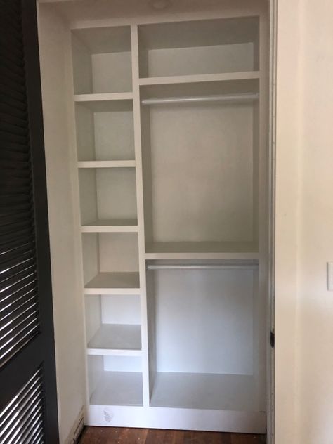 Really Small Closet Organization, Small Narrow Closet Design, Small Closet Build, Small Kids Closet, Shared Closet Organization, House Remodeling Ideas On A Budget, Room With Closet, Narrow Closet Design, Small Closet Makeover