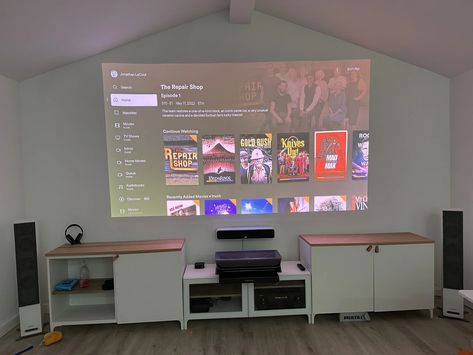 Tv Wall Projector, Projector On Shelf, Short Throw Projector Cabinet, Projector Shelf Ideas Living Room, Short Throw Projector Setup, Ust Projector Cabinet, Ikea Besta Aquarium Stand, Projector Cabinet, Projector Shelf