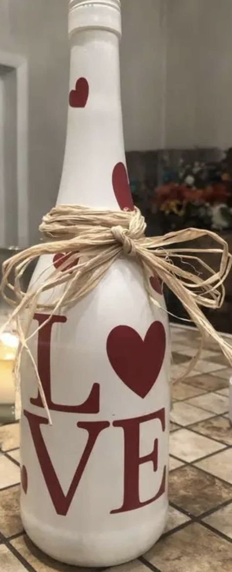 Wine Bottle Crafts Valentines Day, Valentines Bottle Ideas, Valentines Day Wine Bottle Crafts, Valentines Wine Bottle Crafts, Bottle Projects, Valentines Day Wine, Diy Valentine's Day Decorations, Bottle Ideas, Bottle Diy