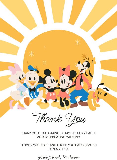 Mickey and Friends Sunshine Birthday - Thank You Invitation Disney Birthday Party, Sunshine Birthday, Disney Birthday, Birthday Thank You, Party Invite, Mickey And Friends, Birthday Party Invitations, Invitation Zazzle, Birthday Invitations