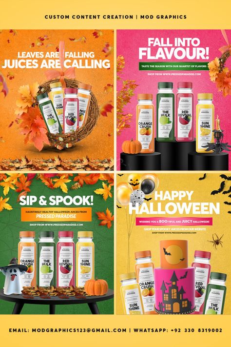 Halloween and Fall Social Media Posts Halloween Promotion Design, Halloween Posts Instagram, Halloween Juices, Halloween Social Media Posts, Halloween Promotion, Halloween Promotions, Halloween Instagram, Halloween Social, Halloween Post