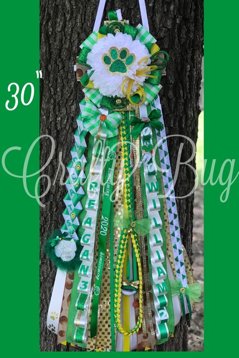 Hoco Mums Green And Gold, Green And Gold Mums Homecoming, Homecoming Mums Senior, Ribbon Braids, Homecoming Mums Diy, Mums Homecoming, Homecoming Mums, Kelly Green, Green Gold