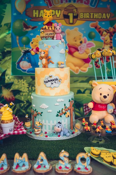 Looney Tunes Party, Cake Pop Tutorial, Pooh Cake, Winnie The Pooh Cake, Winnie The Pooh Themes, Pooh Birthday, 1st Birthday Photoshoot, Disney Baby Shower, Beautiful Cake Designs