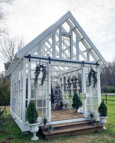 Greenhouse With Porch, Hartley Greenhouse, Recycled Greenhouse, Backyard Greenhouse Ideas, Garden Shed Interiors, Window Greenhouse, Garden Decor Crafts, Cold Frames, Diy Greenhouse Plans