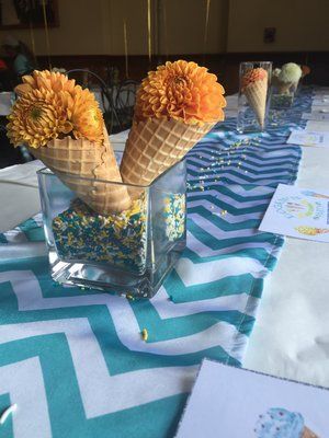 Ice cream party centerpiece with Dahlia flowers from the farmer's market. Ice Cream Wedding, Cream Birthday Party, Summer Table Decorations, Wedding Reception Table Decorations, Ice Cream Birthday Party, Moms Birthday, Party Centerpiece, Ice Cream Social, Ice Cream Birthday