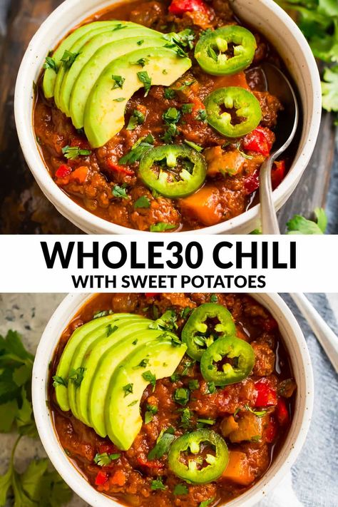 A rich, hearty Whole30 chili with no beans. Easy stovetop recipe loaded with healthy ingredients like sweet potato, bell peppers, and lean ground beef, turkey or chicken. Not too spicy and SO delicious! Paleo, gluten free, grain free, and great for meal prep too! #whole30 #whole30recipes #chili #wellplated Easy Healthy Chili Recipe, Whole 30 Chili Recipe, Chili With No Beans, Whole30 Chili, Stovetop Chili, Chili Recipe Healthy, Sweet Potato Recipes Healthy, Paleo Chili, Healthy Chili