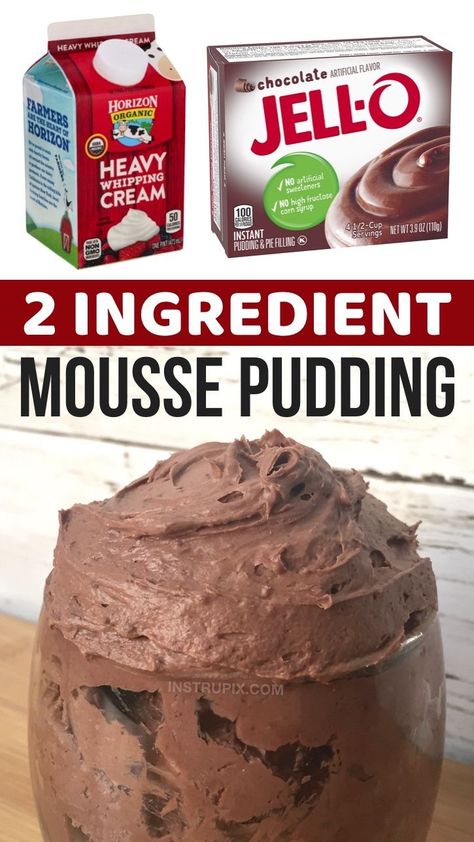 This quick and easy no bake dessert is great for last minute sugar cravings, plus it's made with just 2 ingredients: any flavor of Jello instant pudding and heavy whipping cream. Yes, endless flavor options-- chocolate, banana, vanilla, pistachio, lemon, etc. The heavy cream turns the pudding into a rich and cream mousse that is to die for! Plus it can be made in just about 5 minutes with no baking required. You really only need a tablespoon or two of this rich dessert to be satisfied. Low Carb Mousse Sugar Free, Chocolate Pudding Recipe Ideas, Best Filling Snacks, Two Ingredient Mousse Recipe, Whipped Mousse Recipes, Choc Moose Recipe, Heavy Cream Mousse, Mousse Recipes Easy Pudding, Nursing Home Food Activities