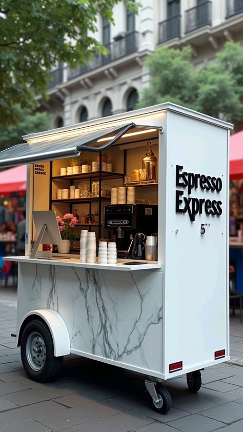 Unique Kiosk Design, Coffe Trucks Idea, Tiny Coffee Shop Design, Coffee Truck Ideas Mobile Cafe, Mini Cafe Ideas, Small Cafe Ideas, Coffee Trailer Ideas, Burger Store, Coffee Stall