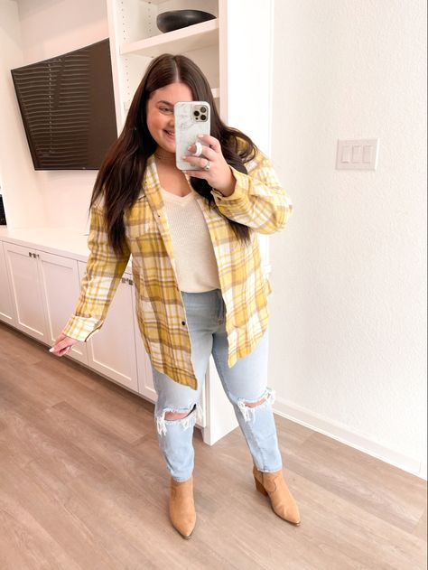 Yellow Plaid Outfit, Plaid Shacket Outfit, Shacket Outfit Women, Shacket Outfit, Plaid Shacket, Tan Plaid, Western Booties, Spring Fashion Outfits, Yellow Plaid