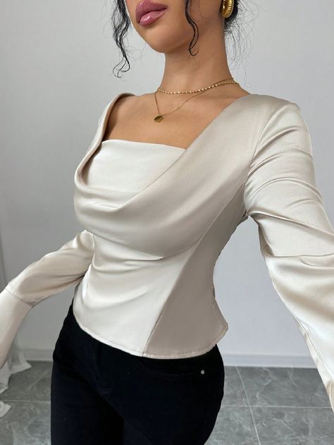 Elegant Draped Neck Satin Fitted Long Sleeve Bell Sleeve Shirt, Women Blouse Champagne Elegant  Extra-Long Sleeve Satin Plain Top Slight Stretch  Women Clothing, size features are:Bust: ,Length: ,Sleeve Length: Formal Tops Design, Sunday Tops Design Ideas, Sunday Tops For Women, Mizo Tops Design, Sunday Top Design, Satin Blouse Designs, Satin Shirt Outfit, Silk Blouse Outfit, Satin Top Blouses