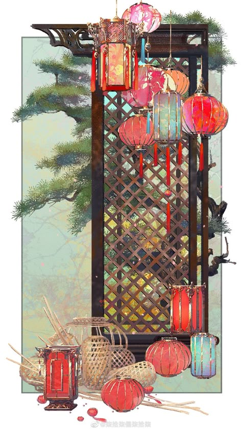 Chinese Illustration Wallpaper, Chinese Cultural Art, Asian Inspired Art, Chinese Art Aesthetic, Chinese Structure, Traditional Chinese Aesthetic, Drawing Lantern, Chinese Illustration, Chinese Lanterns