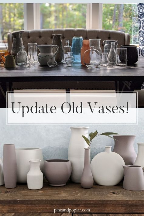 Found some cheap vases that need a makeover? Paint them! Here are 4 different ways to paint your vases to feel modern. How To Tint Glass Vases, Glass Vase Redo Diy Projects, Redoing Glass Vases, Vases Display Ideas, Painting Over Ceramic Vase, Diy Painted Vases Ideas, Repainting Ceramic Vases, Old Flower Vases Repurpose, Diy Old Vase