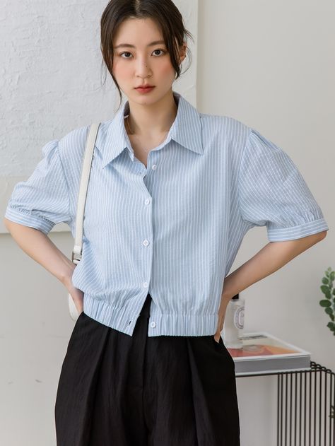 Blue Casual  Half Sleeve Cotton Striped Shirt Embellished Non-Stretch  Women Tops, Blouses & Tee Crop Shirts For Women, Korean Tops, Girls Designer Dresses, Outfit Korean, Puff Sleeve Shirt, Short Blouses, Half Shirts, Elegant Blouses, Korean Girl Fashion