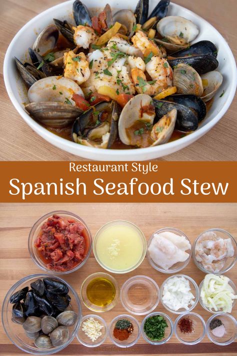 When you're looking for a seafood dish that's full of flavor and fairly easy to make my version of a Spanish Seafood Stew is just what you're looking for. And It's easy to customize, by using the seafood that you like to eat or that you have on hand. Jamaican Fish, Pickled Fish, Seafood Stew Recipes, Seafood Soup Recipes, Seafood Medley, Restaurant Style Recipes, Date Night Dinner, Spanish Recipes, Seafood Stew