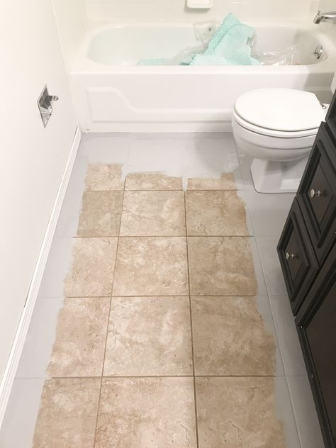 Check out this blog post to see how I painted and stenciled these tile bathroom floors to take them from drab brown tile to this gorgeous grey and white tile for under $100. https://www.arinsolangeathome.com #DIY #PaintedTile #paintedbathroomfloors Can You Paint Tile, Stenciled Tile Floor, Painted Bathroom Floors, Painting Bathroom Tiles, Tile Paint, Brown Tile, Floor Painting, Painting Tile Floors, Farmhouse Flooring