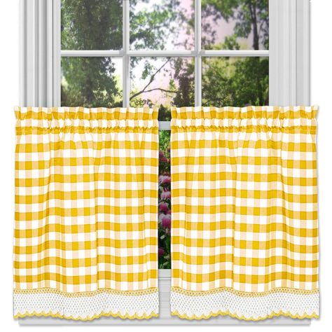 Achim Buffalo Check Yellow Polyester/Cotton Rod Pocket Tier Pair with Macrame Trim - 58 in. W x 24 in. L, 308693512 Half Window Curtains, Check Curtains, Tie Up Shades, Kitchen Window Curtains, Window Rods, Kitchen Curtain Sets, Tier Curtains, Farmhouse Curtains, Short Curtains