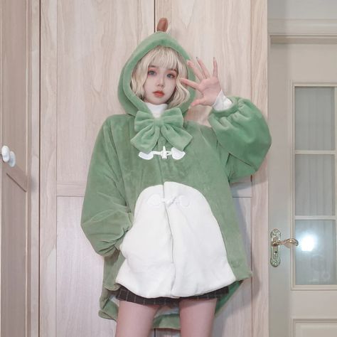 (Pre-sale)Pink Green Dino Warm Hoodie ON1090 Japanese Korean Fashion, Kawaii Store, Y2k Harajuku, Egirl Clothes, Harajuku Outfits, Harajuku Style, Cartoon Dinosaur, Aesthetic Y2k, Winter Colors