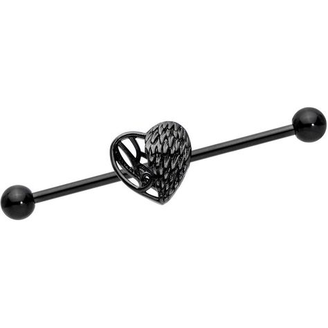 14G Black PVD Steel Helix Cartilage Earring Black Angels Wing Heart Industrial Barbell 1 1/2" Industrial Earring, Industrial Earrings, Double Tongue Piercing, Industrial Piercing Jewelry, Double Cartilage Piercing, Types Of Ear Piercings, Black Angel Wings, Angel Wings Heart, Jewelry Promotion