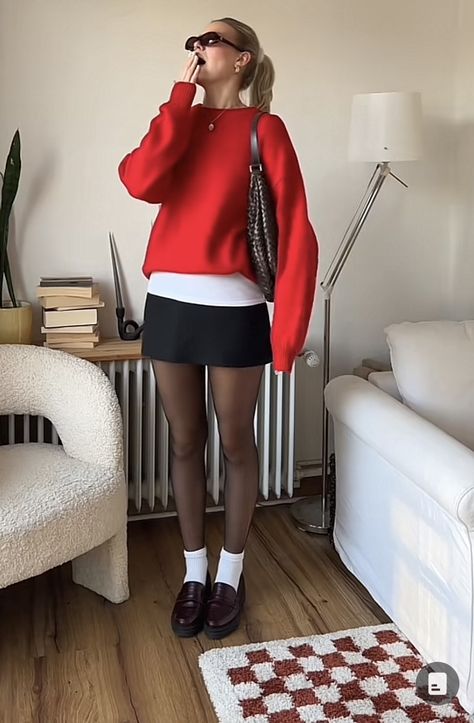 Red Checked Pants Outfit, Loafers Outfit Inspo Women, Chic Clothes Aesthetic, Dresses With Heels Outfit, Vintage Preppy Fashion, Shopping Aesthetic Outfits, Red Crewneck Outfit Aesthetic, Collared Long Sleeve Outfit, Big Sweater Mini Skirt Outfit