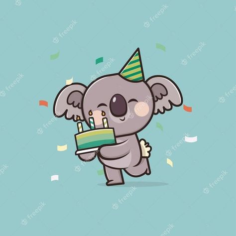 Kawaii lindo koala con ilustración de mascota de icono de pastel de cumpleaños | Vector Premium Koala Tattoo, Fall Background Wallpaper, Happy Birthday Drawings, Birthday Doodle, Balloon Cartoon, Cute Bear Drawings, Kids Fabric, Cute Kawaii Drawings, Cartoon Icons