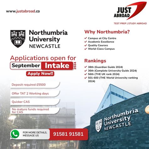 🎓 Exciting news! Northumbria University, Newcastle, is now accepting applications for the September 2024 intake.  Don’t miss this opportunity to pursue your dreams!   #NorthumbriaUniversity #Newcastle #StudyAbroad #HigherEducation #September2024 #AdmissionsOpen #GlobalEducation #FutureLeaders #DreamBig #EducationForAll #OpportunityAwaits Northumbria University, Pursue Your Dreams, Education For All, Overseas Education, Global Education, September 2024, Exciting News, Study Abroad, Higher Education