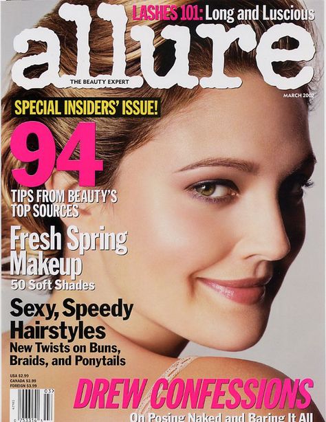 Allure Magazine Cover, Ponytail Drawing, 50 Makeup, Allure Magazine, Popular Magazine, Twist Bun, Ponytail Bun, Spring Makeup, Drew Barrymore