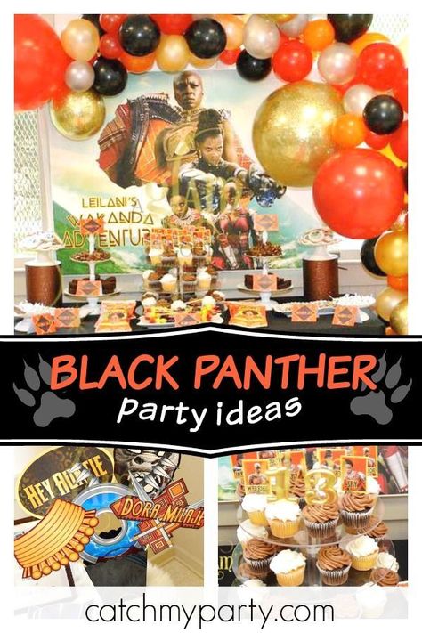 Wakanda forever!!! Don't miss this awesome little girls' Black Panther birthday party! The dessert table is so cool!! See more party ideas and share yours at CatchMyParty.com #catchmyparty #partyideas #blackpantherbirthdayparty #marvelblackpanther #wakandaforever #girlbirthdayparty Wakanda Party, Black Panther Birthday Party, Black Panther Birthday, Marvel Birthday, Marvel Party, Avenger Birthday Party, Avengers Party, Birthday Party Design