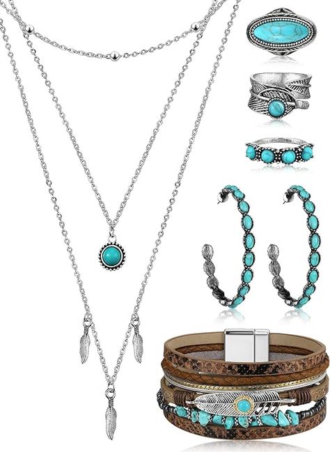 Amazon.com: 6 Pcs Bohemian Western Jewelry for Women Turquoise Set Bohemian Pendant Long Choker Faux Leather Layered Bracelets Vintage Turquoise Dangle Earrings Gemstone Ring Boho Turquoise Jewelry Set (Boho): Clothing, Shoes & Jewelry Blue Turquoise Jewelry, Black Dress With Turquoise Jewelry, Thrifting Outfits, Rings Western, Cowboy Carter, Fall Jewelry Trends, Turquoise Jewelry Set, Turquoise Design, Wishlist 2024