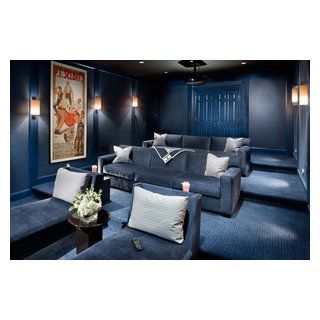 Media Room Ideas Theatres, Home Theater Lighting, Media Room Seating, Hermes Blanket, Carpet Blue, Home Theater Furniture, Best Home Theater, Transitional Home, At Home Movie Theater