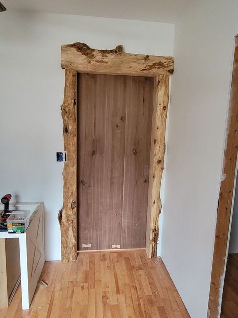 Live Edge Door Trim, Live Edge Trim Molding, Live Edge Baseboard, Cedar Trim Interior Wood, Rustic Trim Ideas, Live Edge Trim, Rustic Window Trim, Door Frame Ideas, Wood Trim Ideas