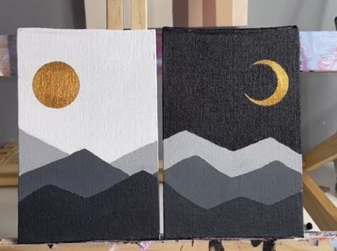 Pair Paintings Canvases, Painting Beginners Ideas, Blue Acrylic Painting Ideas Easy, Polaroid Painting Ideas Aesthetic Easy, Moon Mountain Painting, Painting Ideas For Date Night, Canvas Art Easy Cute, Midnight Painting Easy, Painting For Bignners