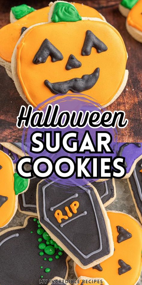 Celebrate the fall season and Halloween with these delightful homemade sugar cookies that make for the perfect sweet treat or dessert. Baking these easy and quick Halloween-themed cookies is a fun activity for the whole family, and their simple preparation ensures that even kids can participate and enjoy the process. With their spooky shapes and delightful taste, these cookies are sure to be a hit with both young and old alike. Try these now. Vegan Halloween Cookies, Vegan Halloween Treats, Easy Halloween Cookies Recipes, Vegan Halloween Treat, Easy Halloween Cookies, Halloween Cookie Recipes, Pumpkin Cutouts, Homemade Sugar Cookies, Dairy Free Treats