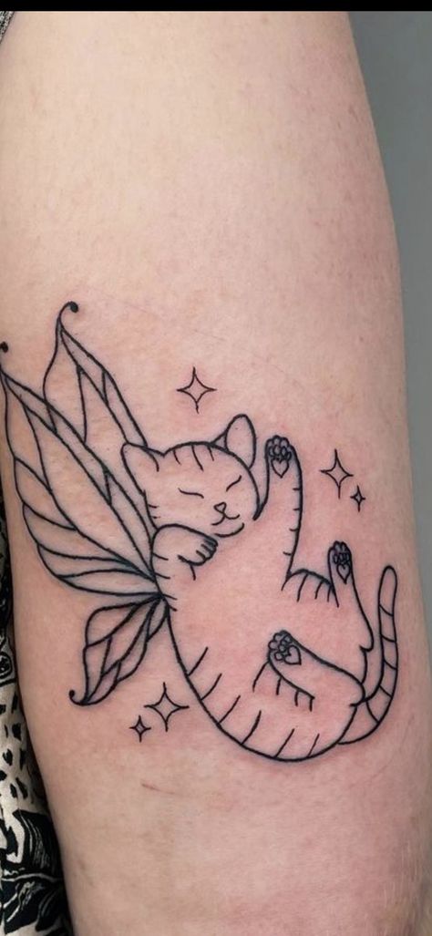 Tiny Pixie Tattoo, Kitty Fairy Tattoo, Cat With Butterfly Wings Tattoo, Animal With Wings Tattoo, Cat With Fairy Wings Tattoo, Magical Cat Tattoo, Cat Tattoo With Wings, Animal Fairy Tattoo, Cat With Butterfly Tattoo