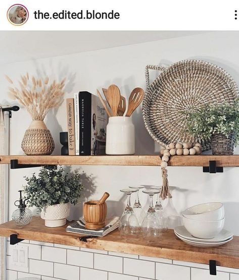 #kitchendiy #kitchenrenovation #kitchenreno Kitchen Hanging Shelf Decor, Boho Shelf Decor Kitchen, Boho Kitchen Shelves Decor, Simple Kitchen Shelf Decor, Decorated Kitchen Shelves, Boho Kitchen Wall Shelves, Long Kitchen Shelf Decor, Rustic Wooden Kitchen Shelves, How To Style Kitchen Shelves Display