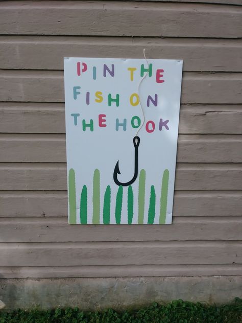 Pin the Fish on the Hook Pin The Fish On The Hook Game, Fish Party Games, Fishing Birthday Games, Fish Themed Birthday Party Games, Fishing Party Games For Adults, Fishing Games For Kids Party, Fishing Party Activities, Fishing Party Games, Ocean Theme Party Decorations